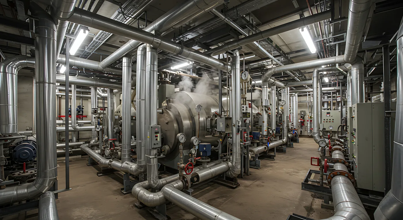 Large commercial mechanical room showcasing the scale and complexity of modern MEP systems