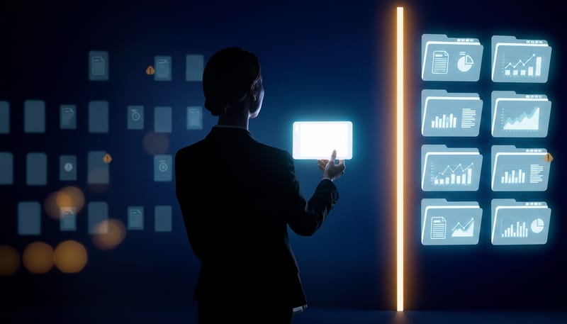A reviewer inspecting a record at a glowing threshold, with unverified documents held back on one side and verified files released on the other