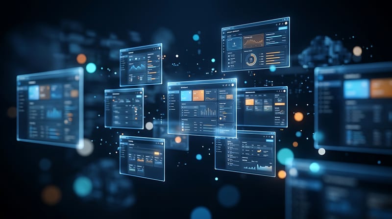 Multiple analytics dashboards floating in layered depth, representing an automated research pipeline